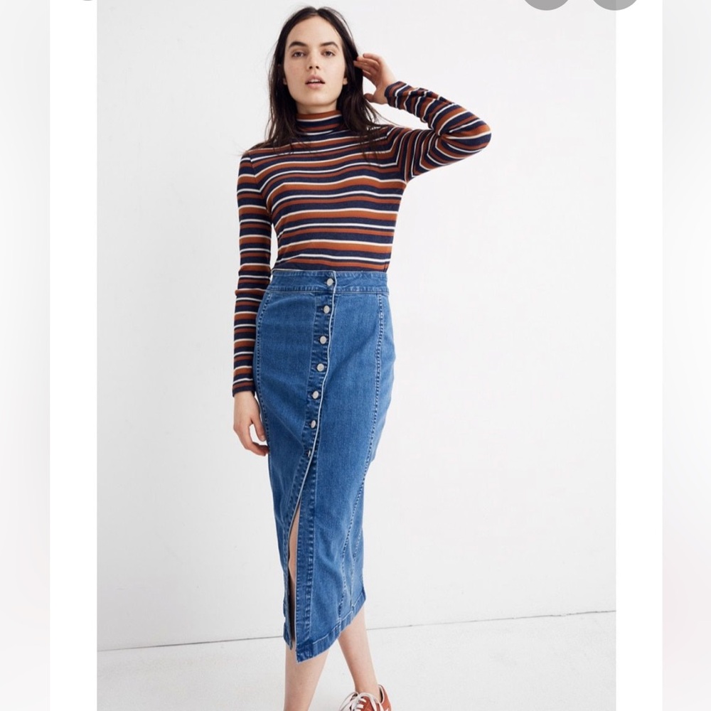 Stretch Denim Side-Button Midi Skirt